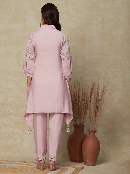 Solid Mirror Work Embroidered A-Line Kurta with Pant - Pink