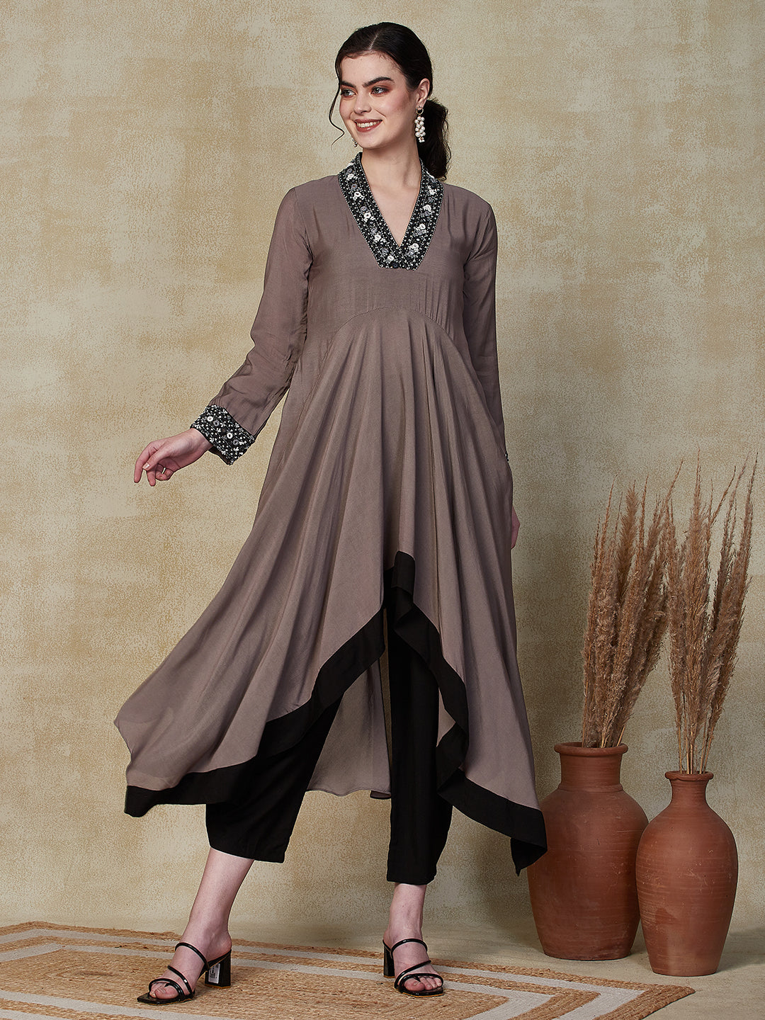 Solid Ethnic Embroidered A-Line High -Low Kurta with Dhoti Pant - Grey