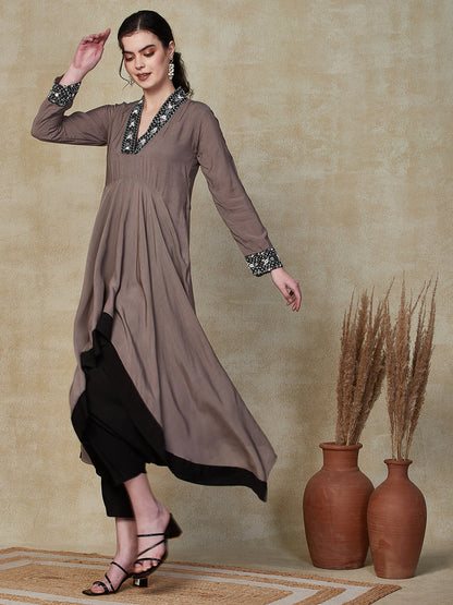 Solid Ethnic Embroidered A-Line High -Low Kurta with Dhoti Pant - Grey