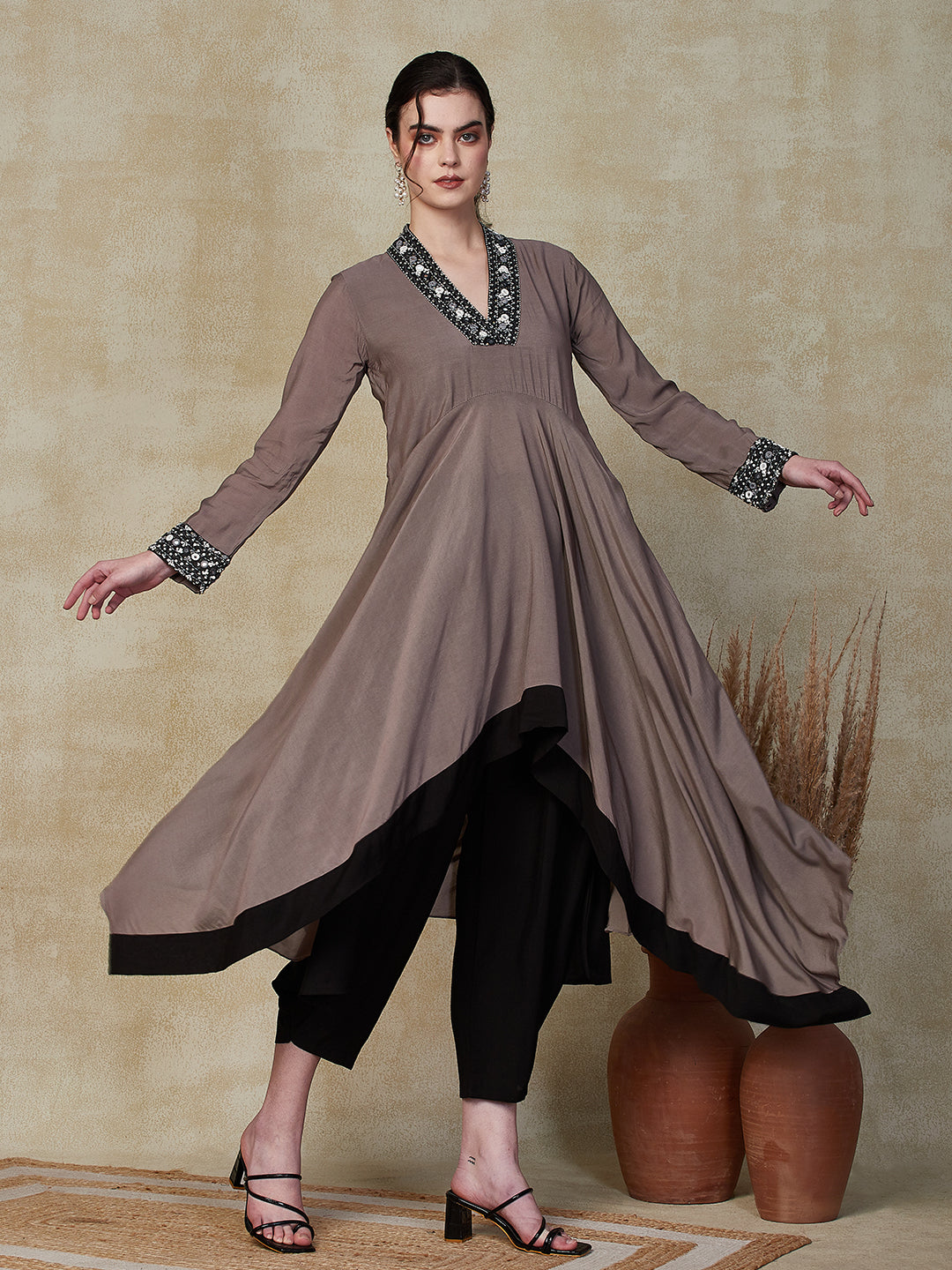 Solid Ethnic Embroidered A-Line High -Low Kurta with Dhoti Pant - Grey