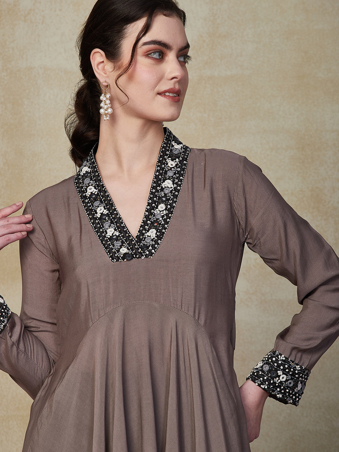 Solid Ethnic Embroidered A-Line High -Low Kurta with Dhoti Pant - Grey