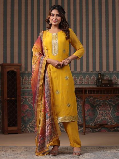 Ethnic Woven Jacquard Straight Kurta with Pant & Printed Dupatta - Yellow