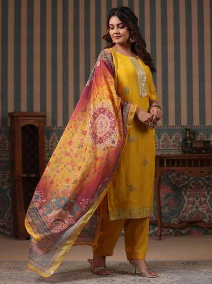 Ethnic Woven Jacquard Straight Kurta with Pant & Printed Dupatta - Yellow