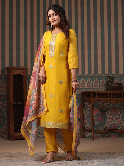 Ethnic Woven Jacquard Straight Kurta with Pant & Printed Dupatta - Yellow