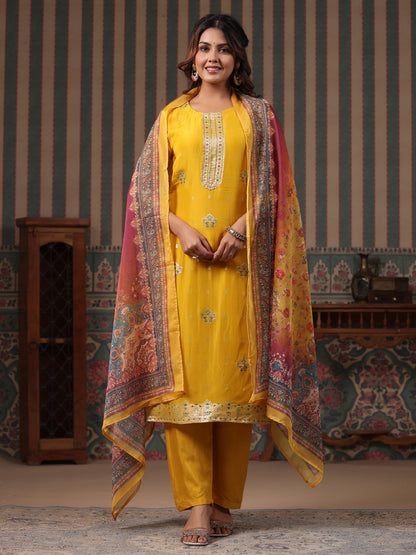 Ethnic Woven Jacquard Straight Kurta with Pant & Printed Dupatta - Yellow