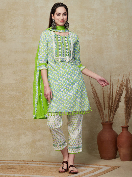 Ethnic Printed & Embroidered Straight Fit Kurta with Pant & Dupatta - Green