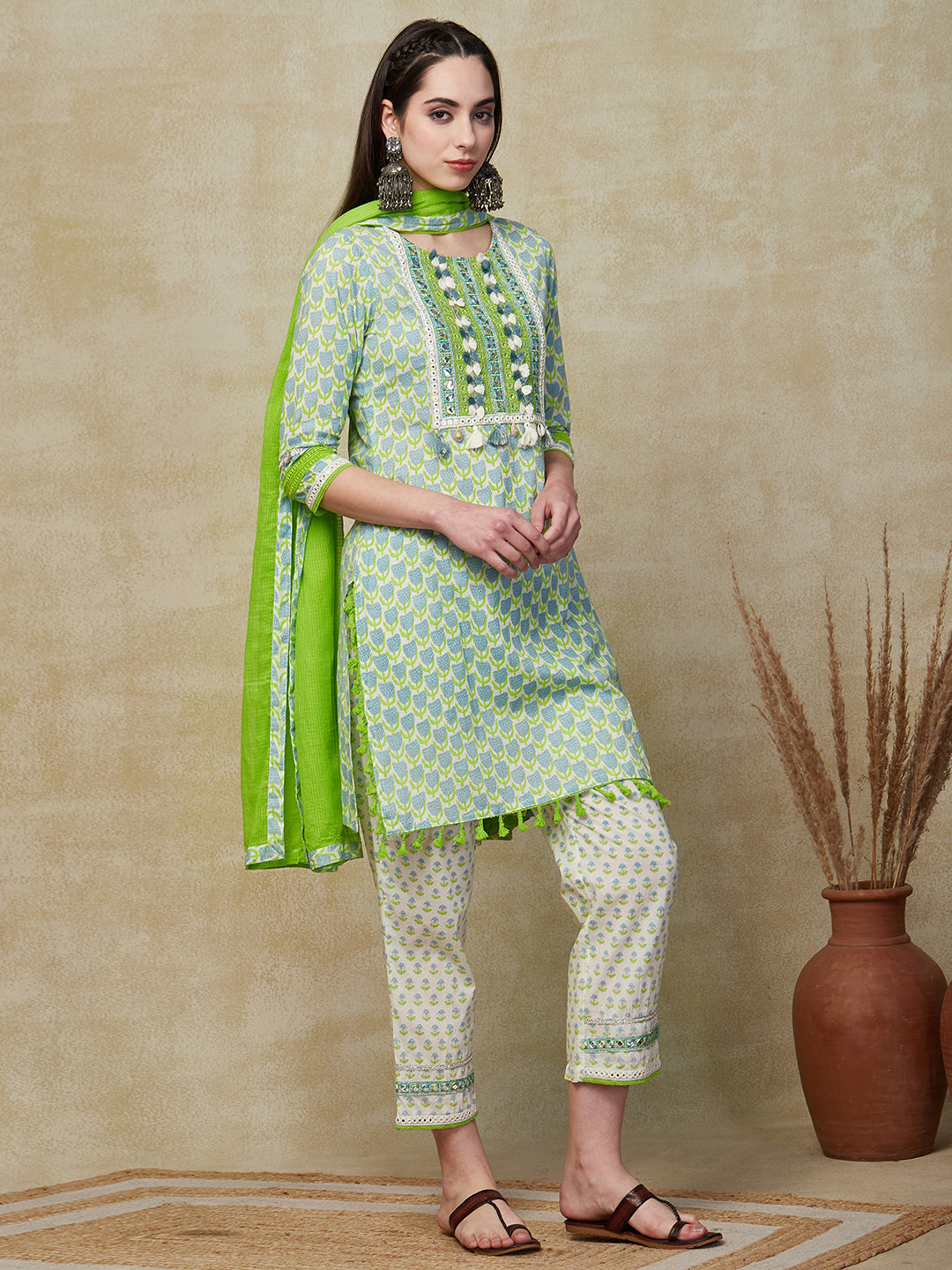 Ethnic Printed & Embroidered Straight Fit Kurta with Pant & Dupatta - Green