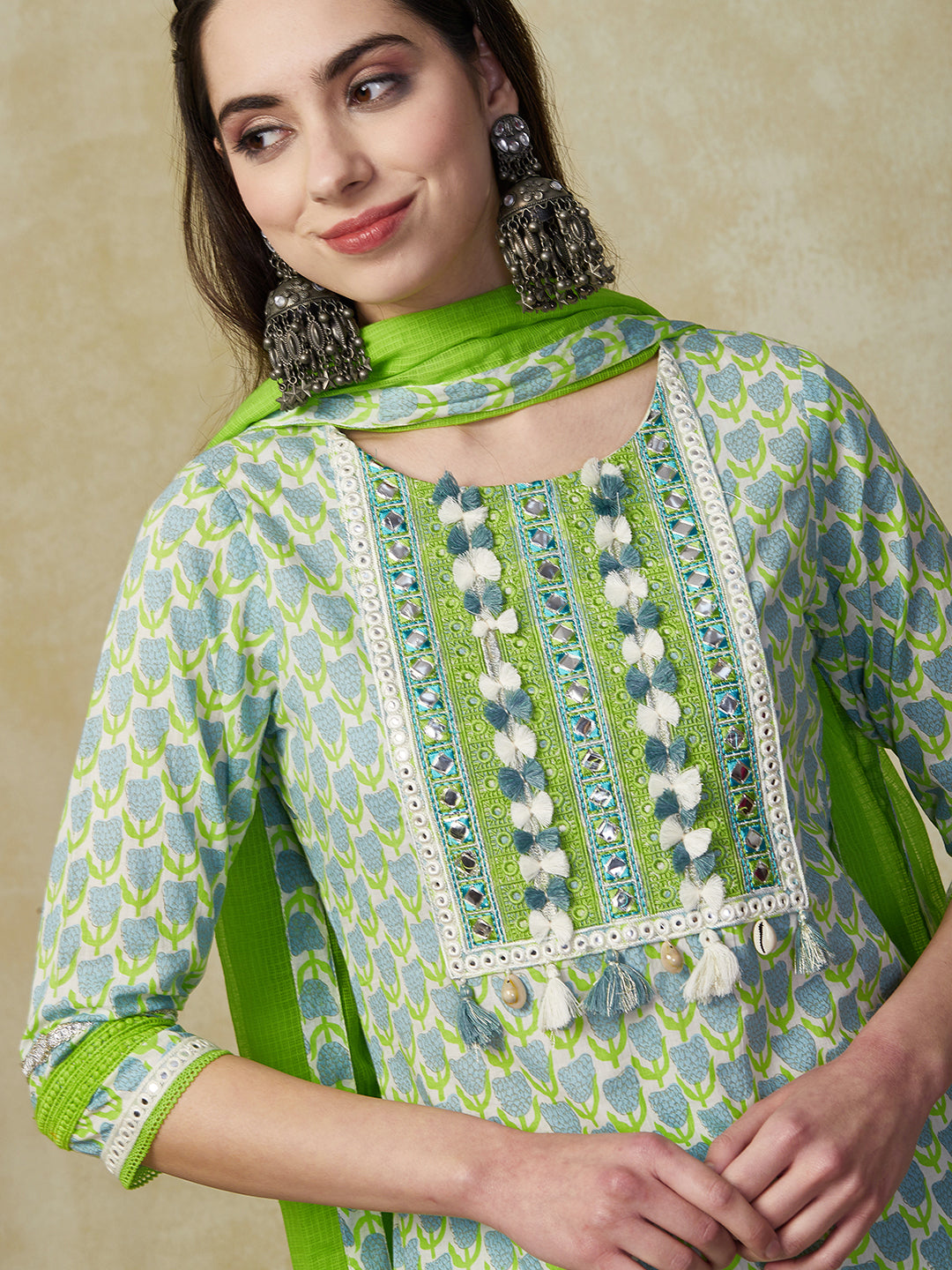 Ethnic Printed & Embroidered Straight Fit Kurta with Pant & Dupatta - Green