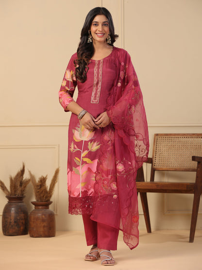 Abstract Floral Printed Straight Kurta with Pant & Embroidered Dupatta - Burgundy