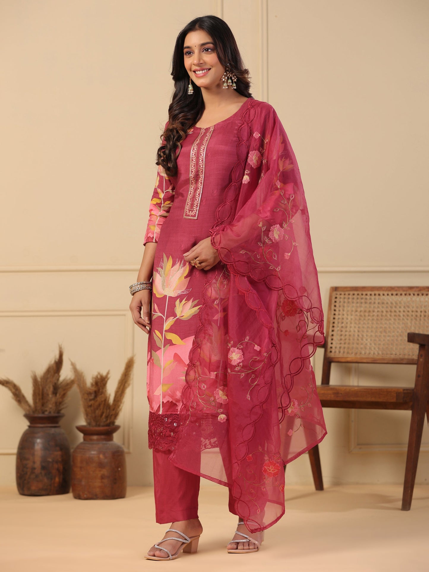 Abstract Floral Printed Straight Kurta with Pant & Embroidered Dupatta - Burgundy