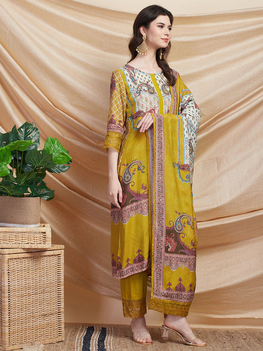 Ethnic Printed Straight Fit Kurta with Pant & Printed Dupatta - Mustard