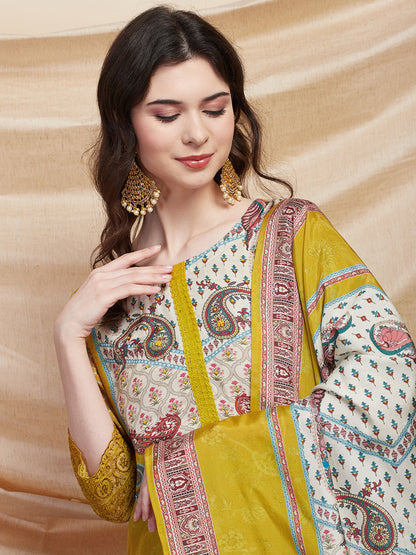 Ethnic Printed Straight Fit Kurta with Pant & Printed Dupatta - Mustard