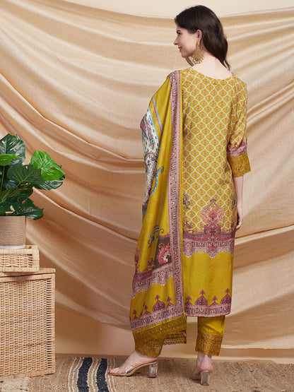 Ethnic Printed Straight Fit Kurta with Pant & Printed Dupatta - Mustard