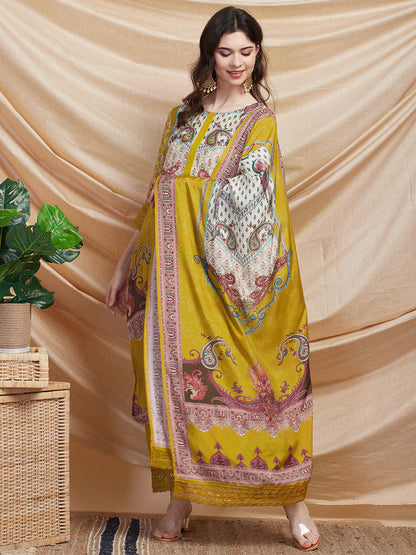 Ethnic Printed Straight Fit Kurta with Pant & Printed Dupatta - Mustard