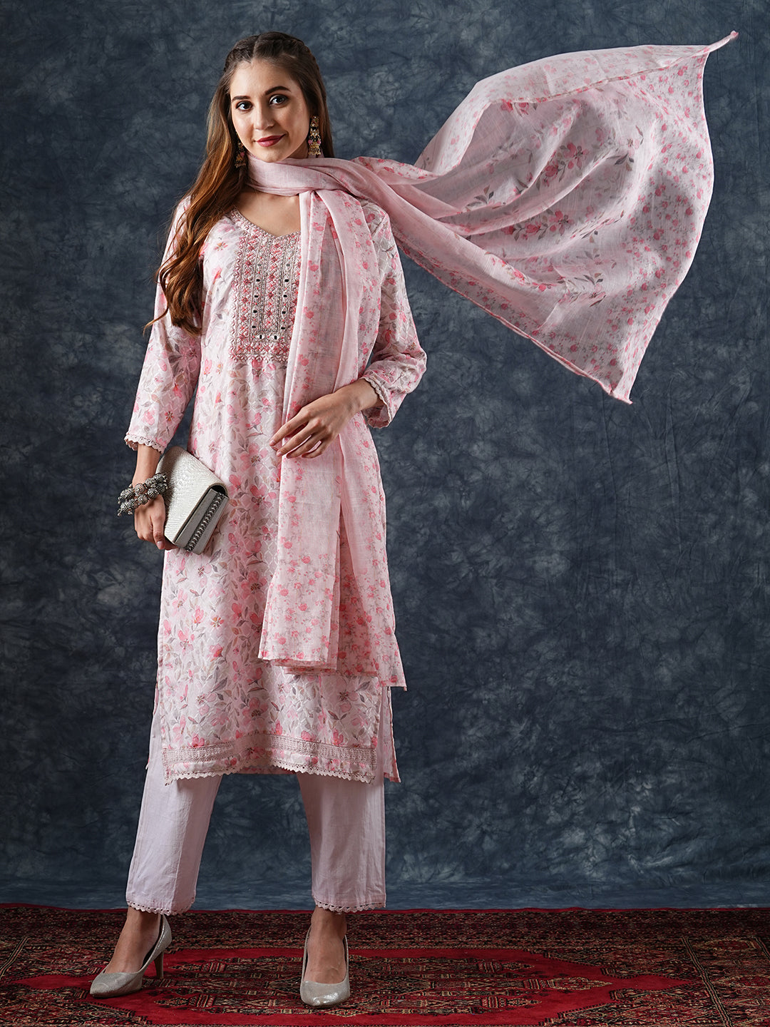 Floral Printed & Embroidered Kurta with Pant & Dupatta - Peach