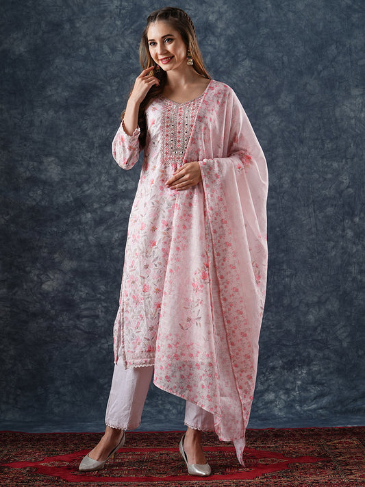 Floral Printed & Embroidered Kurta with Pant & Dupatta - Peach