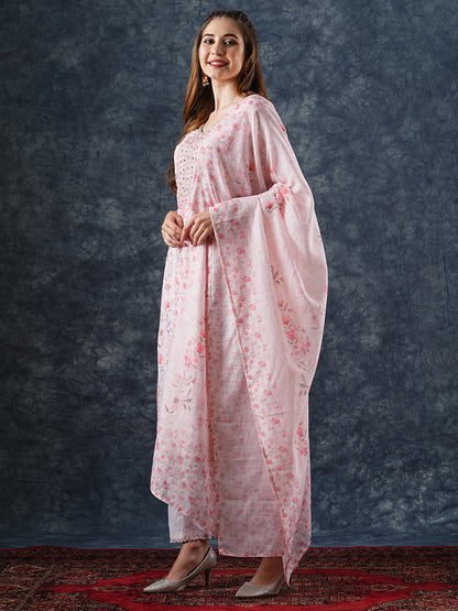 Floral Printed & Embroidered Kurta with Pant & Dupatta - Peach