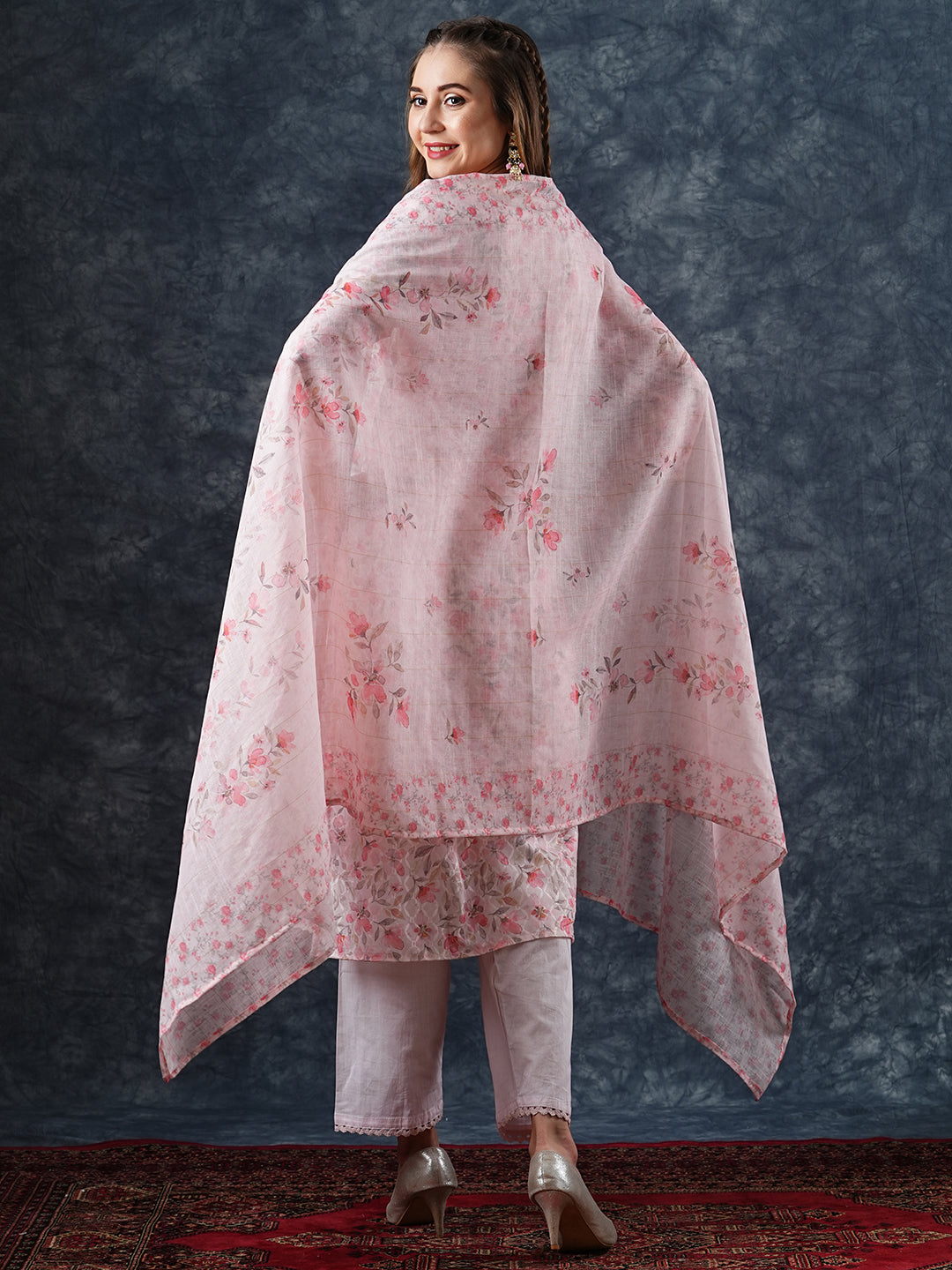 Floral Printed & Embroidered Kurta with Pant & Dupatta - Peach