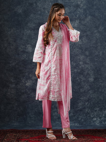 Abstract Printed Schiffili Embroidered Lace Work Kurta with Pants & Dupatta - Pink