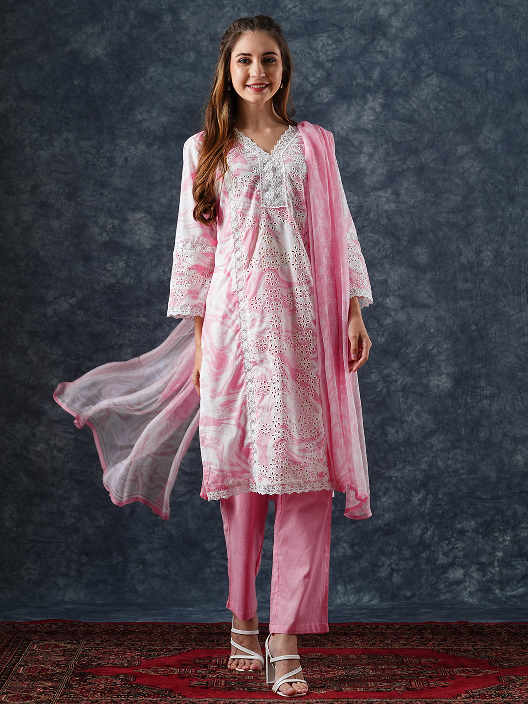 Abstract Printed Schiffili Embroidered Lace Work Kurta with Pants & Dupatta - Pink