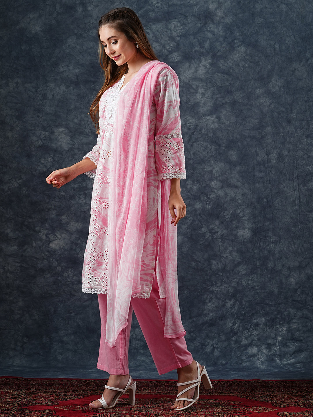 Abstract Printed Schiffili Embroidered Lace Work Kurta with Pants & Dupatta - Pink