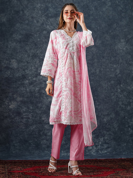 Abstract Printed Schiffili Embroidered Lace Work Kurta with Pants & Dupatta - Pink