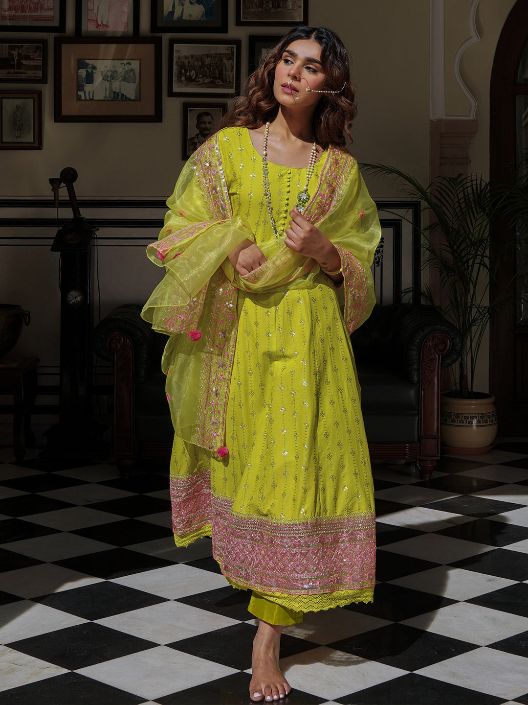 Solid Ethnic Sequin Embroidered Anarkali Kurta with Pant & Organza Dupatta - Lime Green