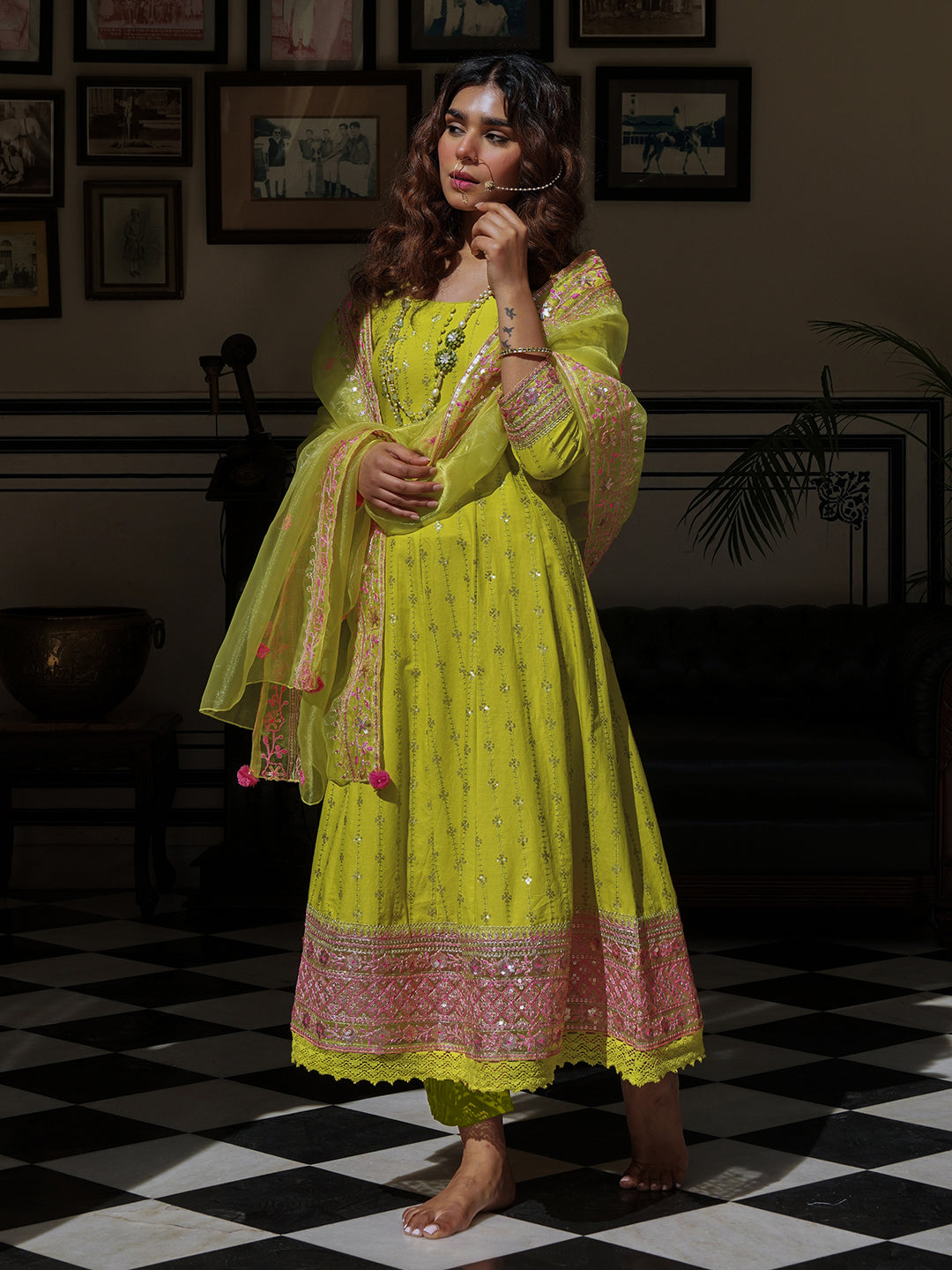 Solid Ethnic Sequin Embroidered Anarkali Kurta with Pant & Organza Dupatta - Lime Green