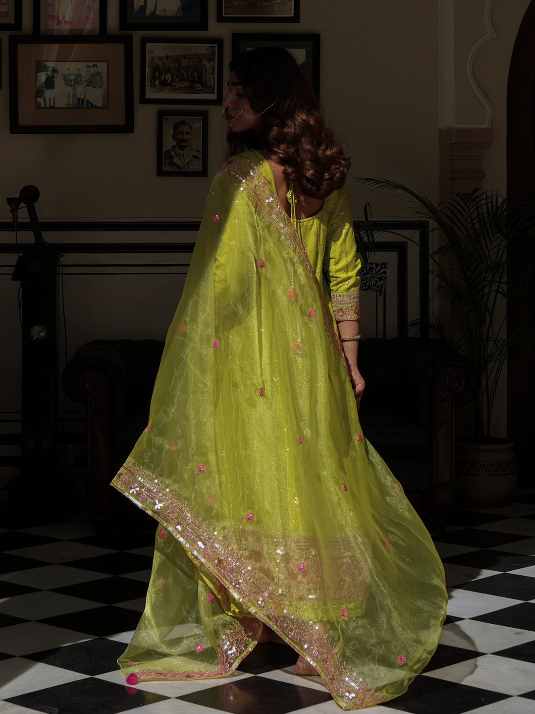 Solid Ethnic Sequin Embroidered Anarkali Kurta with Pant & Organza Dupatta - Lime Green