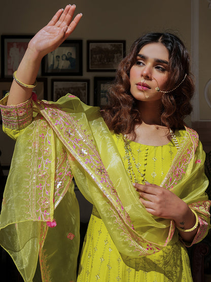 Solid Ethnic Sequin Embroidered Anarkali Kurta with Pant & Organza Dupatta - Lime Green