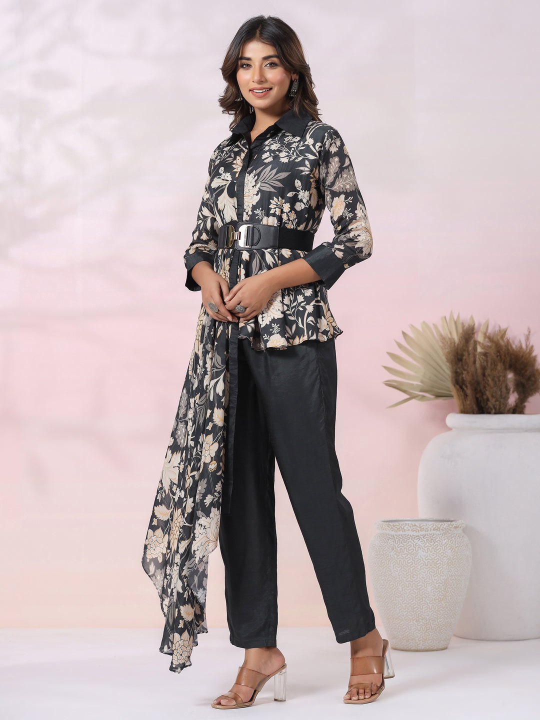 Floral Printed Stone Embellished Asymmetric Top with Pants & Waist Belt - Black