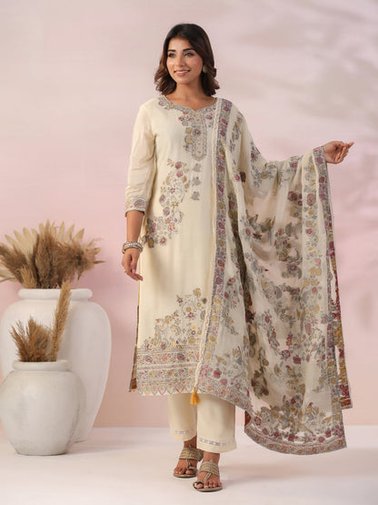 Ethnic Woven & Hand Embroidered Straight Kurta with Pant & Dupatta - Off White