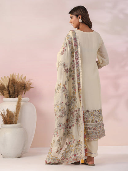 Ethnic Woven & Hand Embroidered Straight Kurta with Pant & Dupatta - Off White