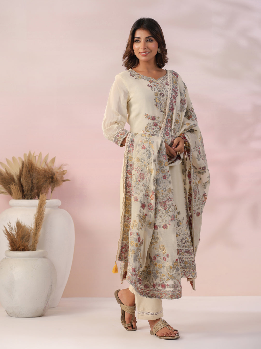 Ethnic Woven & Hand Embroidered Straight Kurta with Pant & Dupatta - Off White