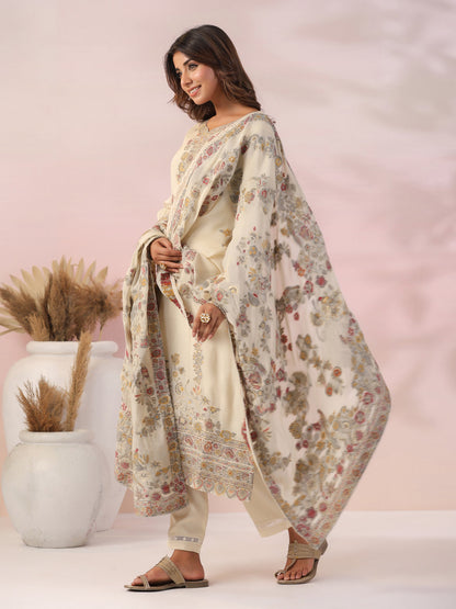 Ethnic Woven & Hand Embroidered Straight Kurta with Pant & Dupatta - Off White