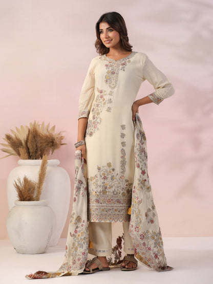 Ethnic Woven & Hand Embroidered Straight Kurta with Pant & Dupatta - Off White