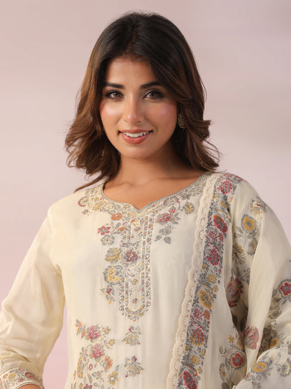 Ethnic Woven & Hand Embroidered Straight Kurta with Pant & Dupatta - Off White