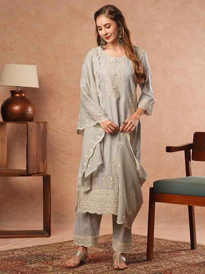 Floral Chikankari Embroidered Kurta with Pant & Pure Cotton Dupatta - Grey