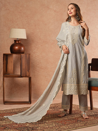 Floral Chikankari Embroidered Kurta with Pant & Pure Cotton Dupatta - Grey