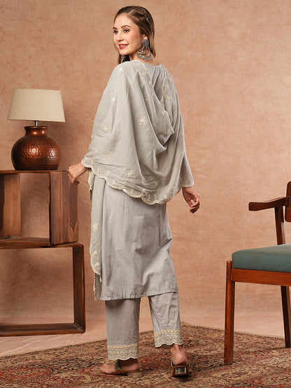 Floral Chikankari Embroidered Kurta with Pant & Pure Cotton Dupatta - Grey