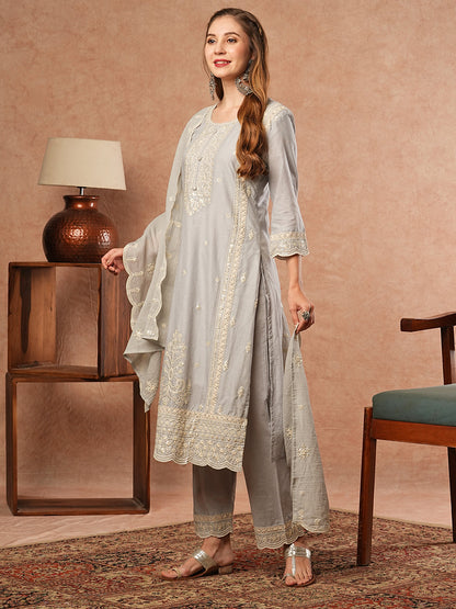 Floral Chikankari Embroidered Kurta with Pant & Pure Cotton Dupatta - Grey