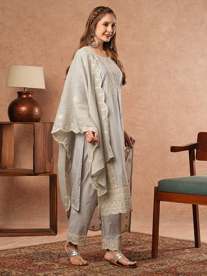 Floral Chikankari Embroidered Kurta with Pant & Pure Cotton Dupatta - Grey