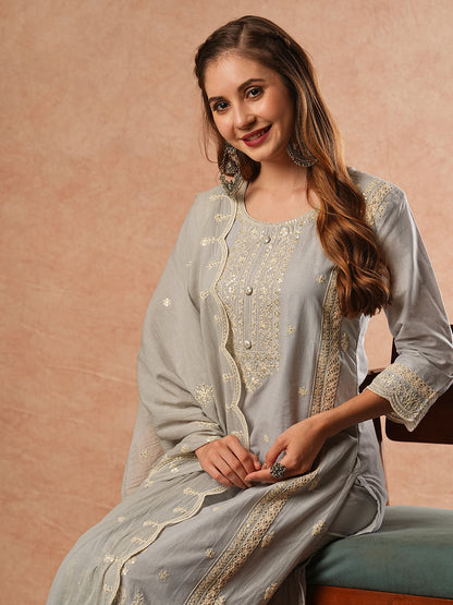 Floral Chikankari Embroidered Kurta with Pant & Pure Cotton Dupatta - Grey