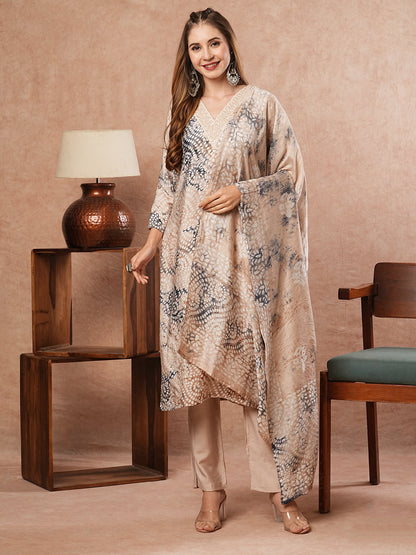 Abstract Floral Printed & Embroidered Straight Kurta with Pant & Dupatta - Beige