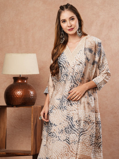 Abstract Floral Printed & Embroidered Straight Kurta with Pant & Dupatta - Beige