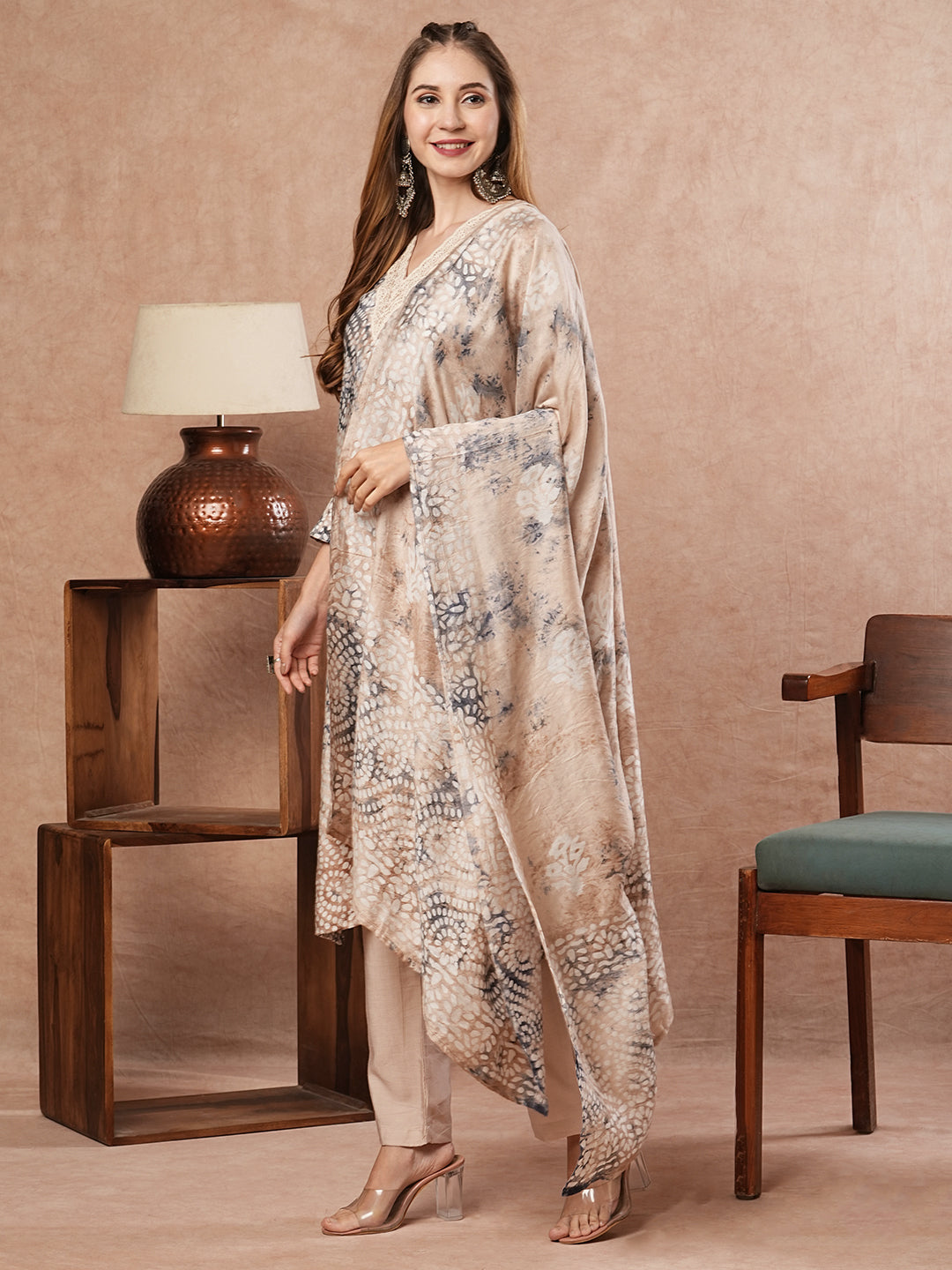 Abstract Floral Printed & Embroidered Straight Kurta with Pant & Dupatta - Beige