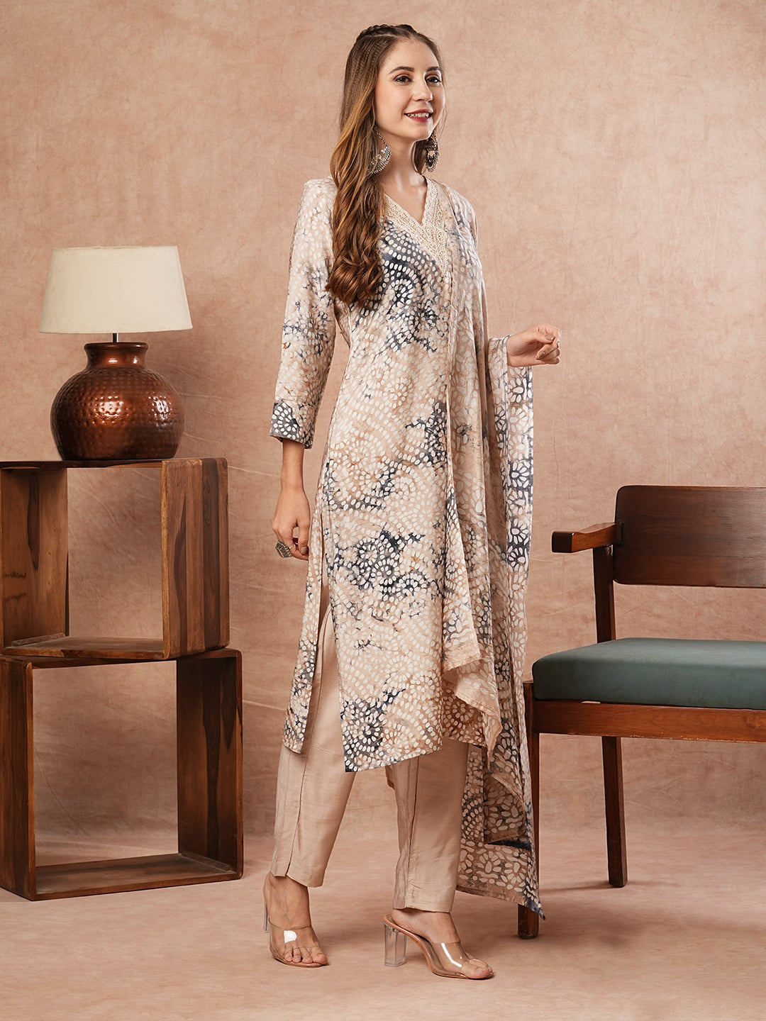 Abstract Floral Printed & Embroidered Straight Kurta with Pant & Dupatta - Beige