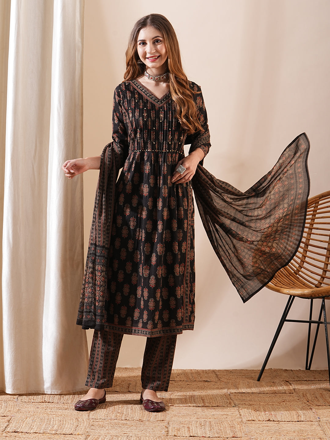 Block Printed Beads & Sequins Embellished Kurta with Pants & Dupatta - Coffee Brown