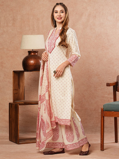 Ethnic Printed Mirror Embroidered Kurta with Flared Pants & Dupatta - Off White