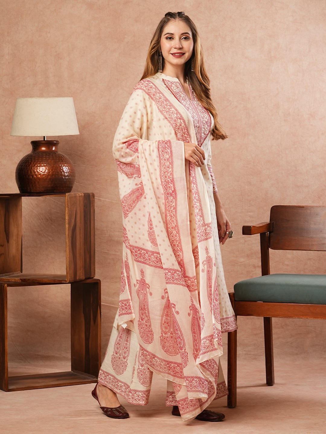 Ethnic Printed Mirror Embroidered Kurta with Flared Pants & Dupatta - Off White